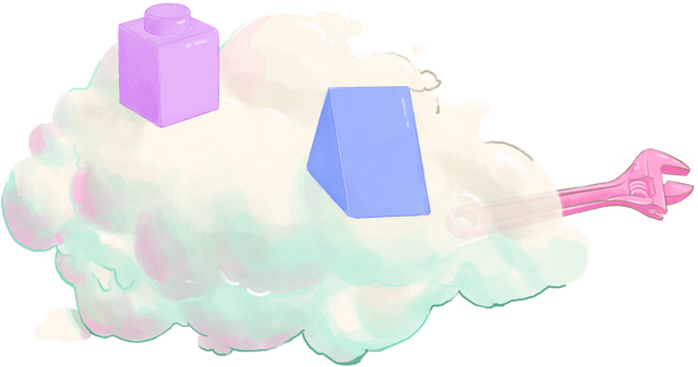 fluffy white cloud with a pink lego brick and blue block on top, and a pink wrentch sticking out of the side.