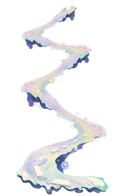 long winding rainbow road with bubbles
